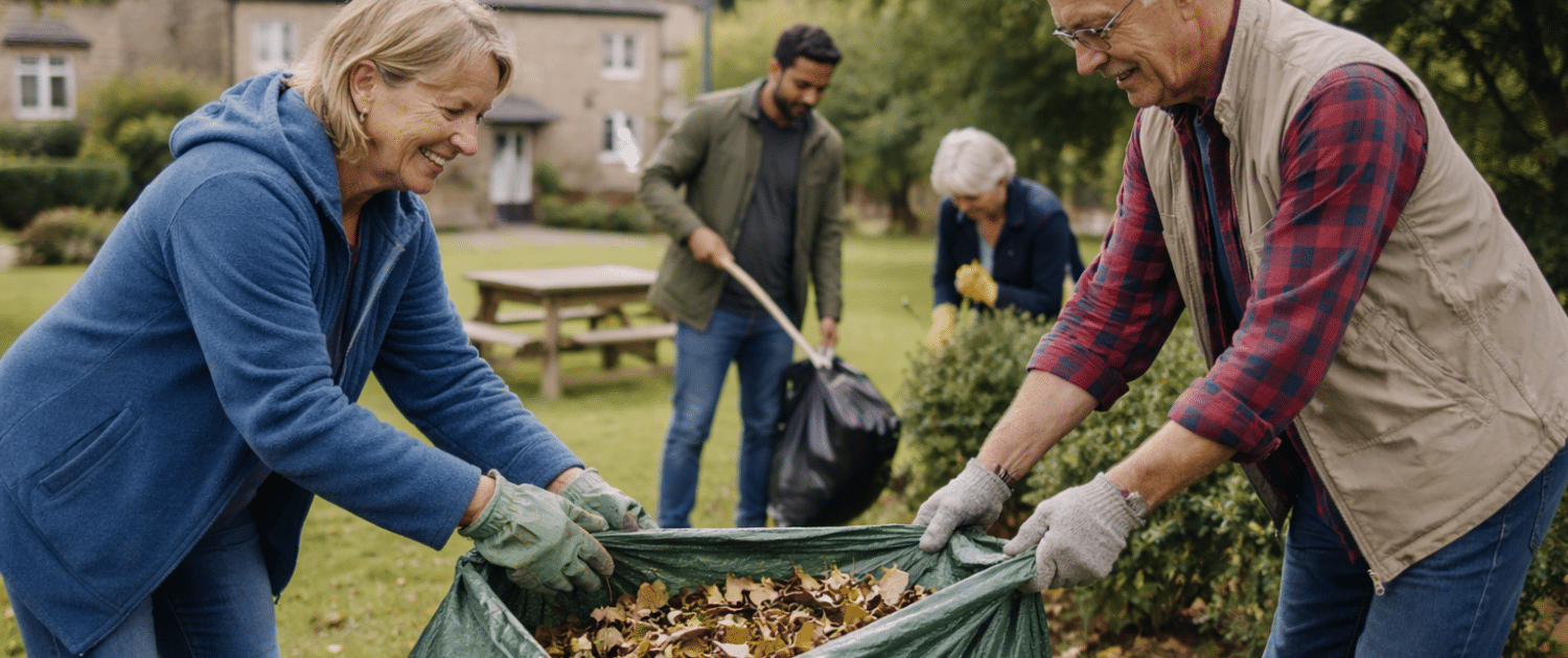 Two older adults smile as they collect fallen leaves into a large green bag in a park, while two other people tidy up in the background. Trees and houses are visible on a cloudy day.