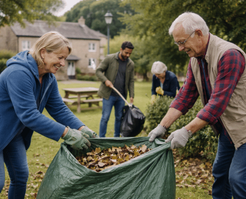 Two older adults smile as they collect fallen leaves into a large green bag in a park, while two other people tidy up in the background. Trees and houses are visible on a cloudy day.