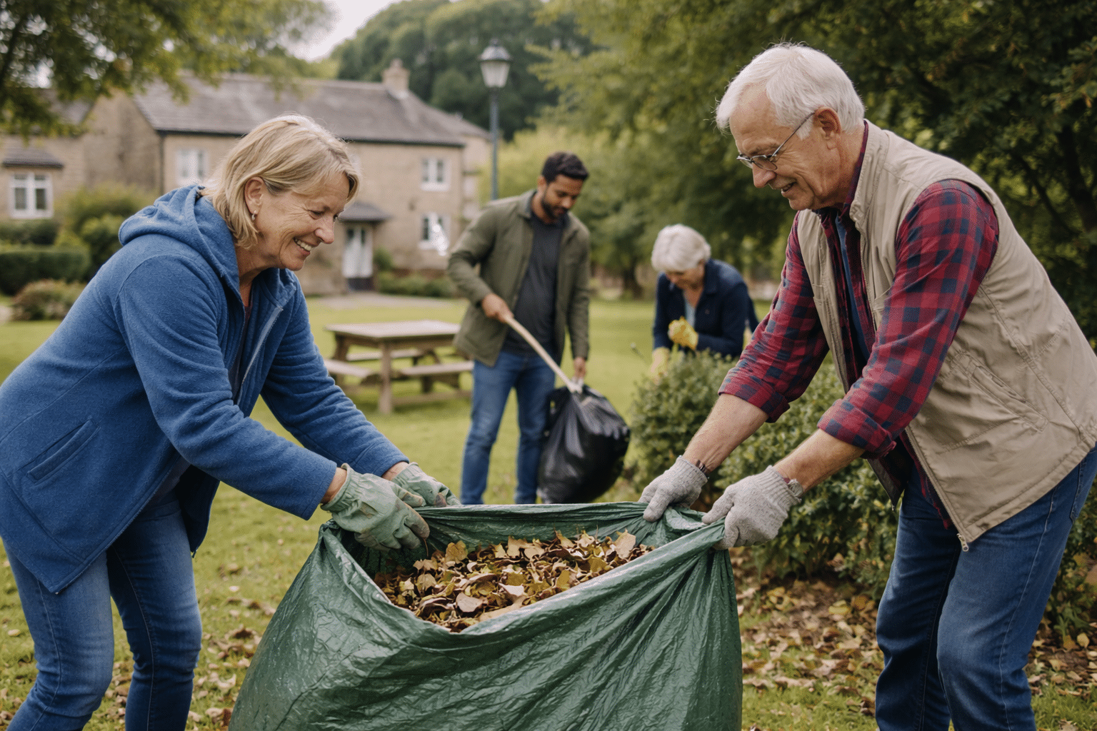 Two older adults smile as they collect fallen leaves into a large green bag in a park, while two other people tidy up in the background. Trees and houses are visible on a cloudy day.