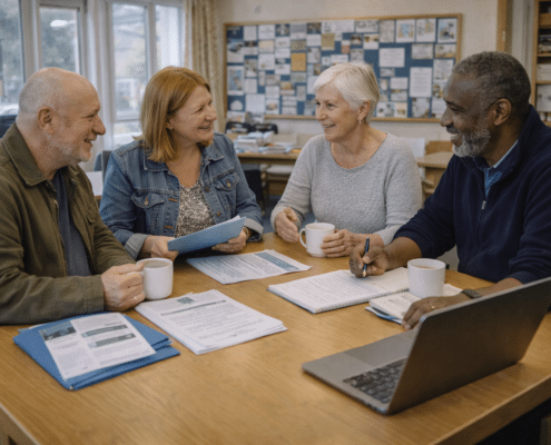 Four older adults sit around a table in a bright room, smiling and talking. They have papers, a laptop, and coffee mugs in front of them, appearing engaged in a friendly meeting or discussion.