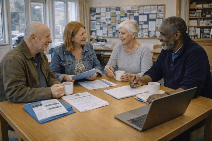 Four older adults sit around a table in a bright room, smiling and talking. They have papers, a laptop, and coffee mugs in front of them, appearing engaged in a friendly meeting or discussion.