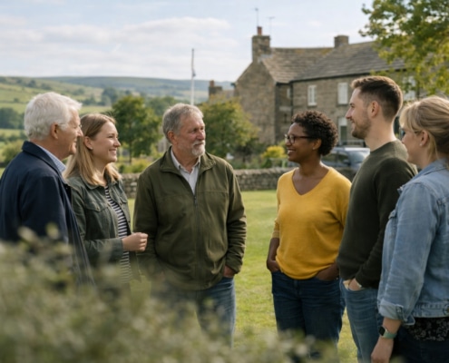 A group of six adults, standing outdoors in a grassy area near stone buildings, are talking and smiling together on a sunny day. Rolling hills and a partly cloudy sky are visible in the background.