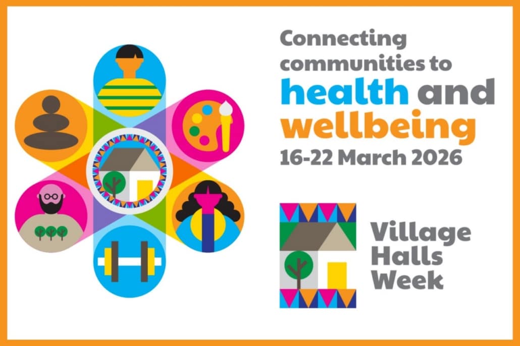 Colourful graphic for Village Halls Week highlights icons of people, healthy activities, and a house, celebrating how rural community spaces connect people to health and wellbeing. Text: “Connecting communities to health and wellbeing, 16-22 March 2026.”.