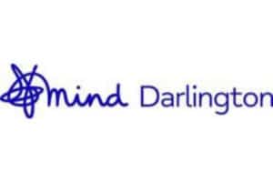 Logo of Mind Darlington. The word mind is written in blue cursive text with a scribble drawing forming the letter m. Darlington appears in blue regular font, representing the Mental Health Support Worker services across Northallerton.
