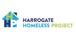 Logo for Harrogate Homeless Project featuring a house icon with HHP inside, and the organisation’s name in navy, blue, and green text to the right—ideal for Harrogate’s Facilities Manager to showcase support.