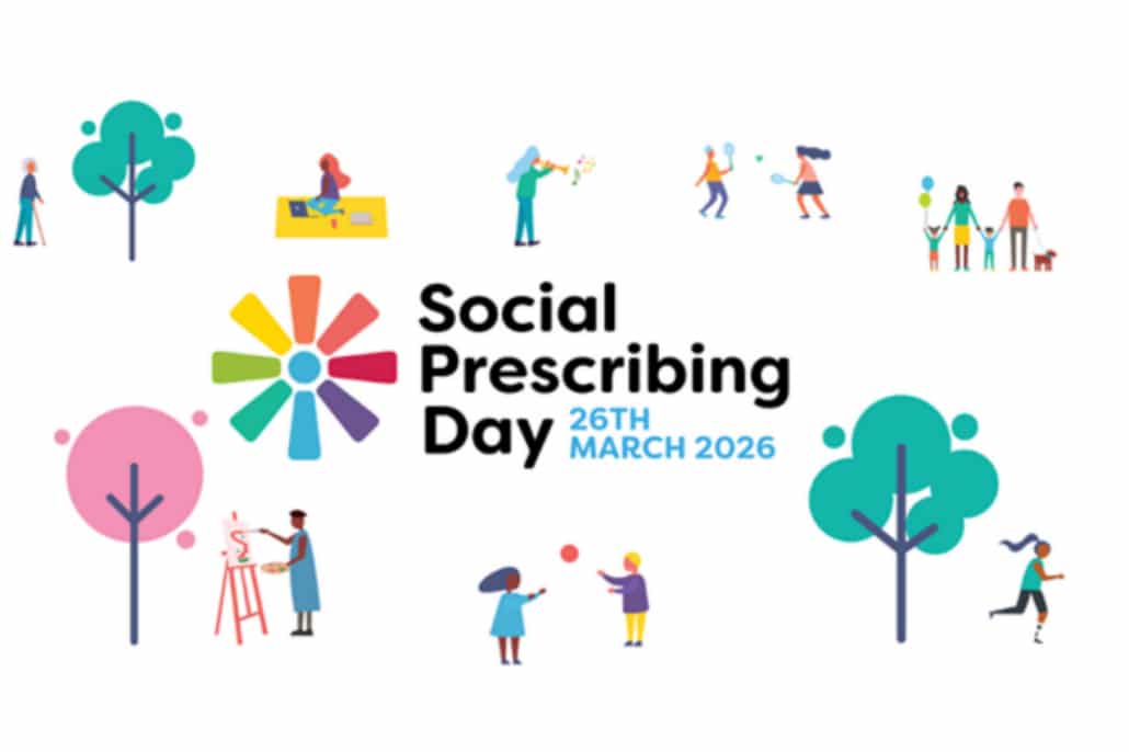 Illustration featuring people enjoying outdoor and creative activities, colourful trees, and the text “Social Prescribing Day, 26th March 2026” with a multicoloured flower icon—celebrating Social Prescribing in Humber and North Yorkshire.