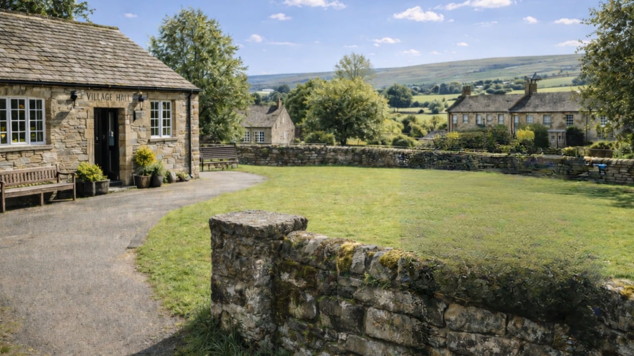 A stone village hall with benches and potted plants sits beside a green lawn, bordered by a low stone wall, with countryside and stone cottages in the background under a blue sky.