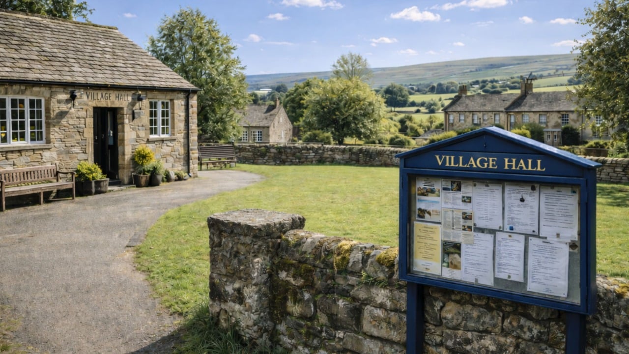 A village hall noticeboard stands near a stone building with a Village Hall sign, surrounded by a stone wall, benches, green grass, and countryside houses under a blue sky with scattered clouds.