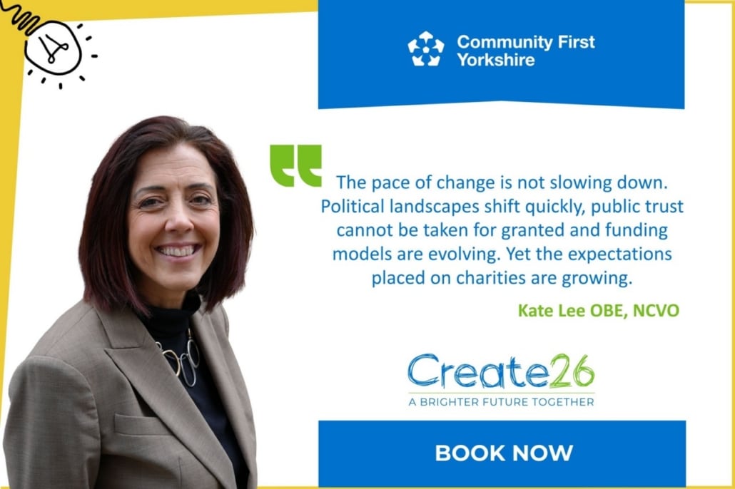 A smiling woman with shoulder-length brown hair stands in front of a graphic featuring a quotation about navigating change in charities. The text includes Community First Yorkshire, Kate Lee OBE, NCVO, and a Book Now button for Create 26.