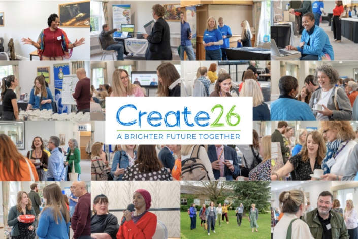 A collage of people networking, socialising, and attending an event, with the Create26: A Brighter Future Together logo in the centre. Attendees are smiling, talking, and engaging in group activities that inspire leadership and collaboration.