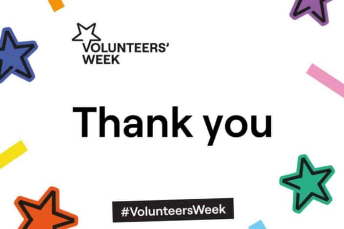 Text graphic with colourful star shapes and confetti. The words VOLUNTEERS' WEEK and Thank you are in the centre, celebrating the spirit of volunteering. A hashtag at the bottom reads #VolunteersWeek, highlighting Volunteers’ Week 2026 and recognising the contributions of our community.