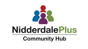 Logo for Nidderdale Plus Community Hub in Pateley Bridge, featuring four abstract human figures in red, blue, green, and purple above bold NidderdalePlus text—with Plus in green—and Community Hub below in black.