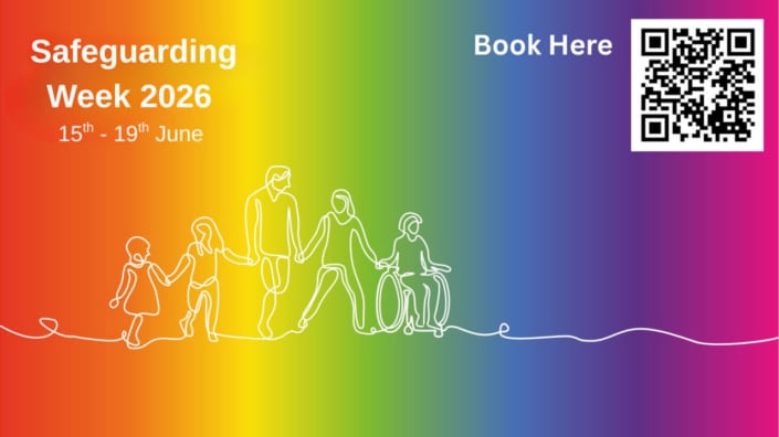A rainbow gradient background with a continuous line drawing of five diverse people, including a child in a wheelchair. Text reads Safeguarding Week 2026, 15th–19th June. A “Book Here” QR code is on the top right-hand corner.