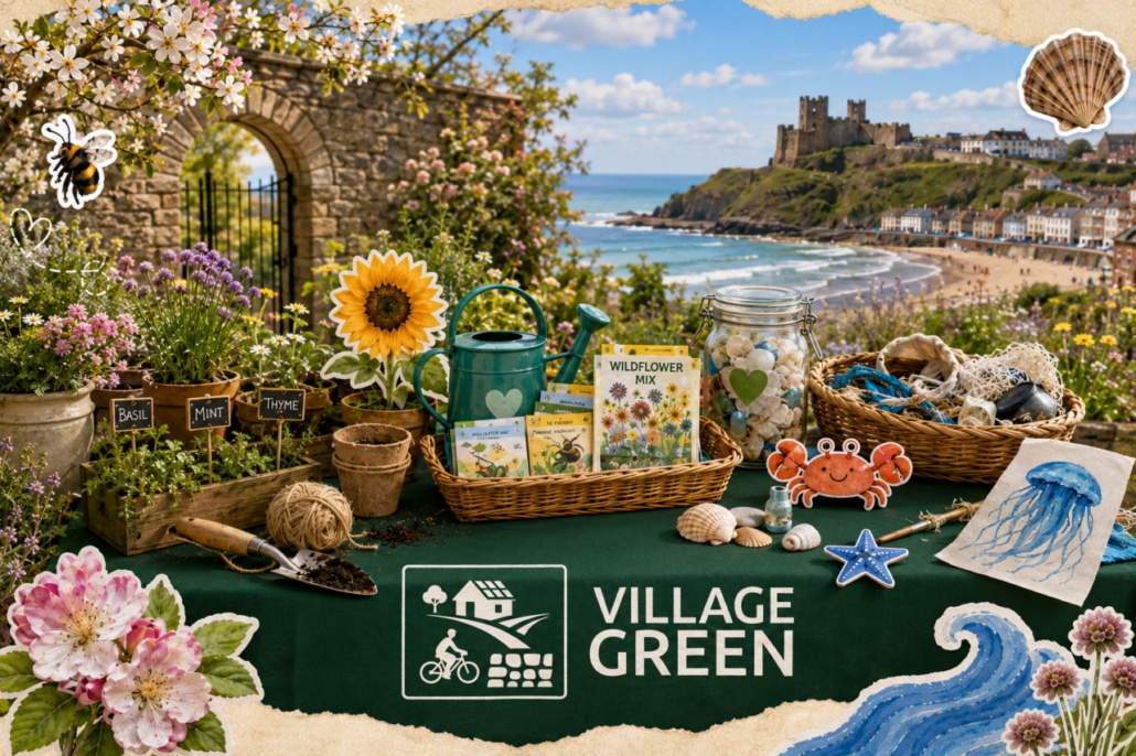 A garden table with seeds, tools, and baskets sits on a terrace overlooking a North Yorkshire beach and castle. Wildflowers bloom nearby. The tablecloth reads VILLAGE GREEN, with playful seaside and floral stickers celebrating local events.