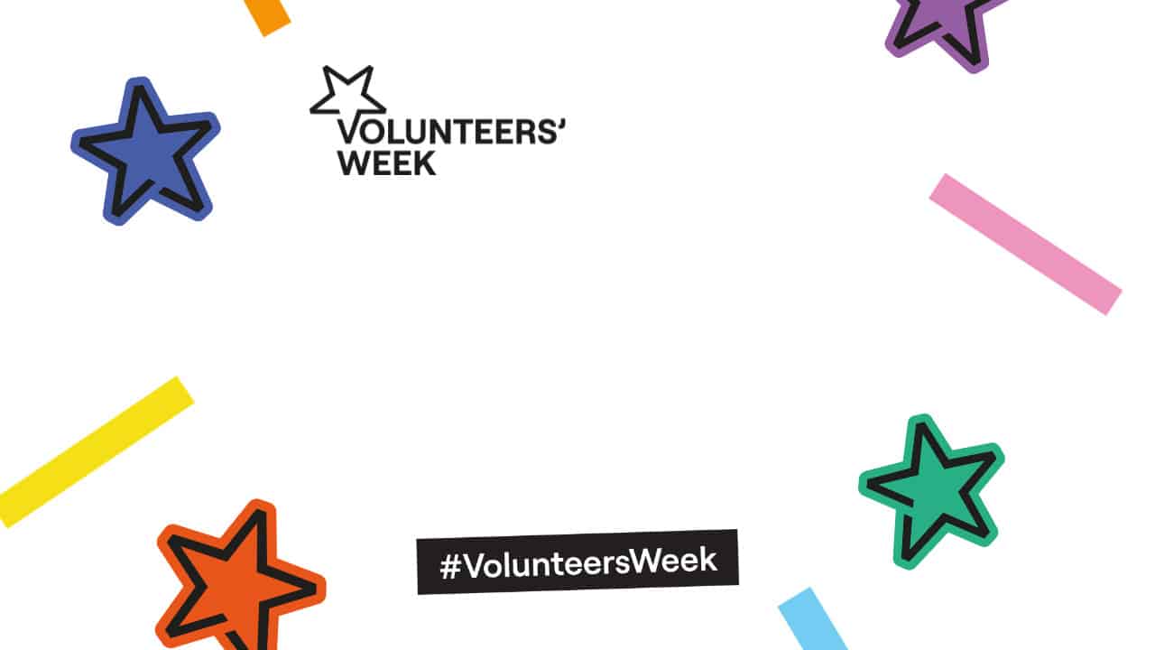 A white background with colourful star outlines in the corners and coloured bars around the edges. Text says Volunteers Week and #VolunteersWeek in black boxes.