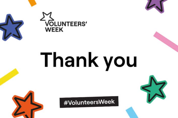 Graphic with colourful stars and confetti, the text VOLUNTEERS' WEEK at the top, Thank you in bold in the centre, and #VolunteersWeek at the bottom. Celebrating volunteers and community during Volunteers’ Week 2026 on a white background.