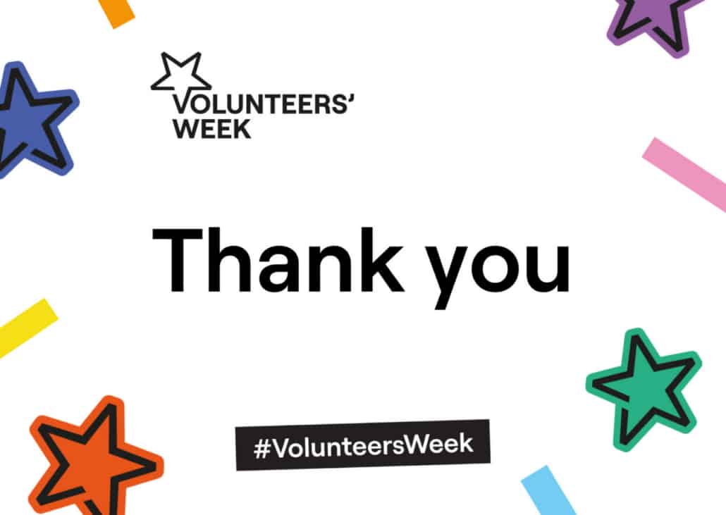 Image with colourful star shapes and confetti borders. In the centre, bold black text reads Thank you. The top left corner says Volunteers’ Week 2026, celebrating volunteers and their invaluable impact on our community. Hashtag at the bottom: #VolunteersWeek.