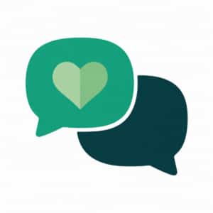 Two overlapping speech bubbles, one green with a heart shape inside and one dark teal, symbolising positive or caring conversation—perfect for celebrating Great Big Green Week 2026 and fostering supportive dialogue about sustainability.