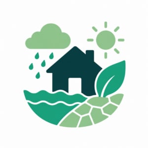 An illustration of a house surrounded by water, a large leaf, and a tortoise shell pattern. Above the house are a sun, clouds, and raindrops, symbolising sustainability for Green Week 2026 and eco-friendly living at this environmental event.