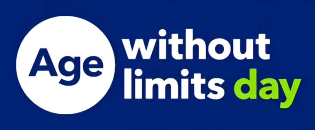 White text on a blue background reads Age without limits day, with "day" in bright green and "Age" inside a white circle—celebrating age and supporting age-friendly communities in Filey.