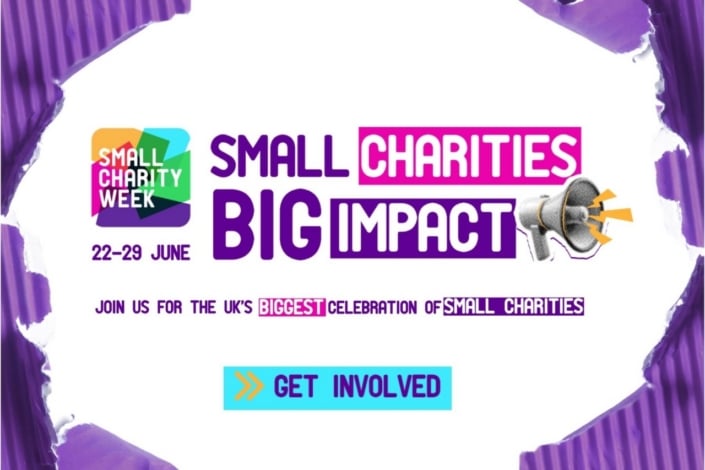 Promotional graphic for Small Charity Week, 22–29 June, with the slogan Small Charities Big Impact. Features a megaphone, vibrant design elements, and highlights Yorkshire small charities. Includes a Get Involved button.