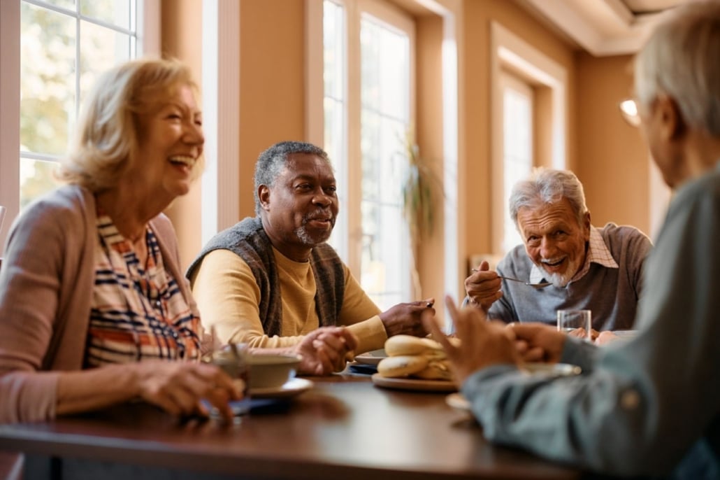 Four older adults sit together at a table, smiling and laughing whilst enjoying food and drinks in a bright, cosy room with large windows.