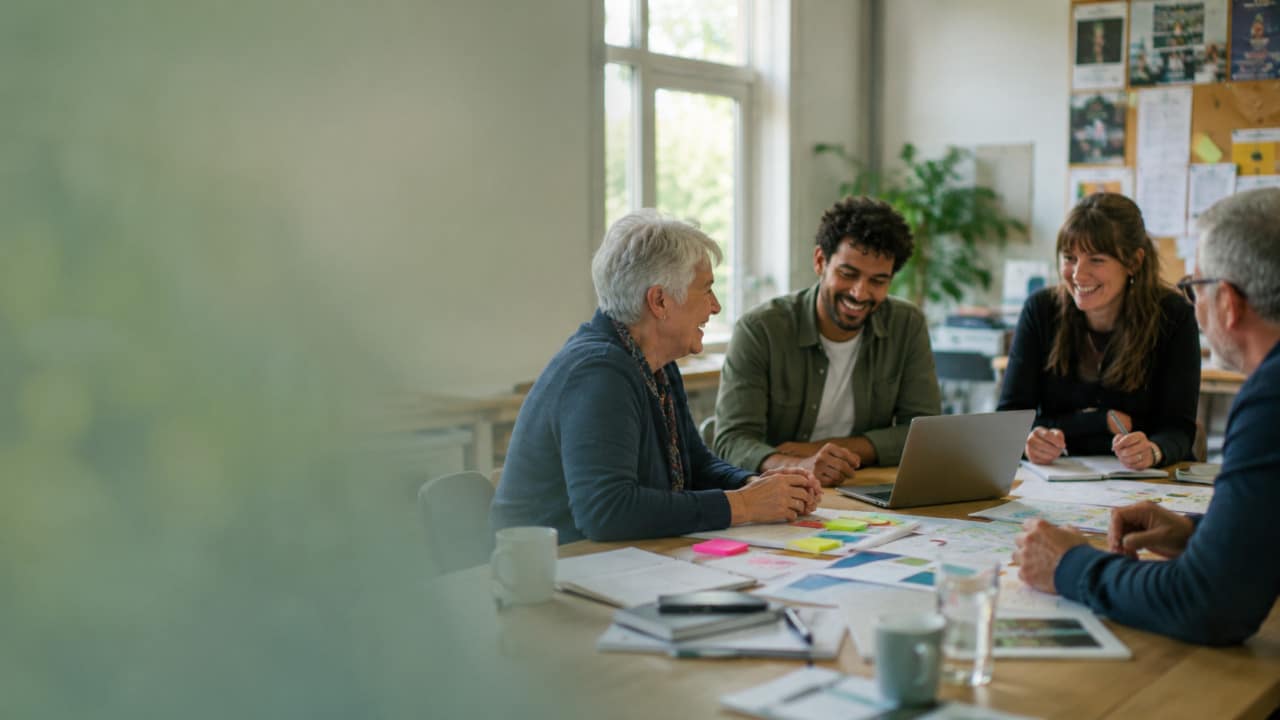 Four people sit around a table in a bright office, smiling and talking. Papers, sticky notes, and a laptop are spread out in front of them, suggesting a collaborative meeting or brainstorming session.