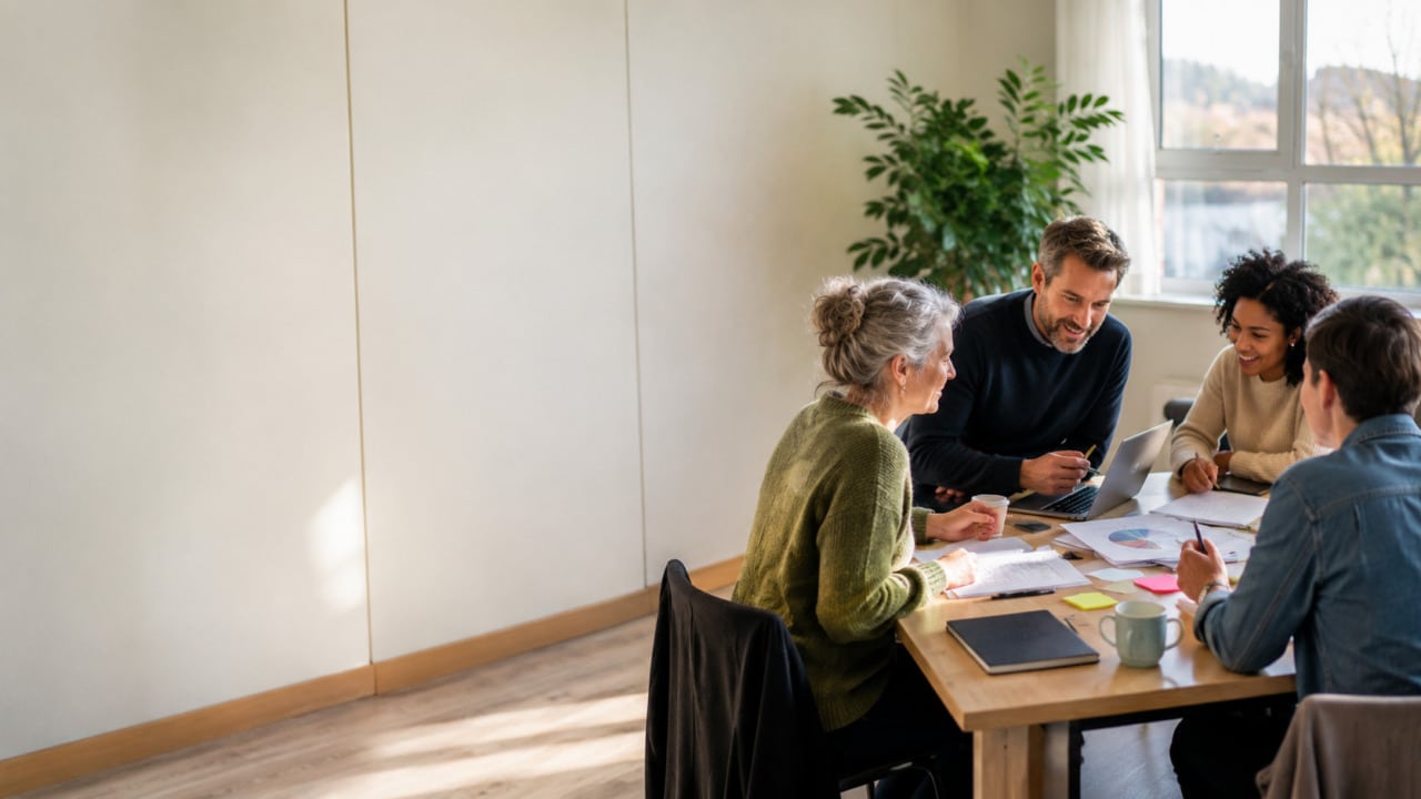 Four people sit around a table in a bright office, discussing documents and charts. They appear engaged and collaborative, with laptops and papers spread out. A large plant and window are in the background.