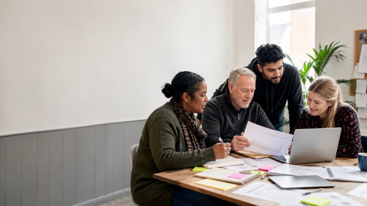 Four people sit around a table covered with papers, sticky notes, and a laptop, collaborating and discussing charts and documents in a bright office space.