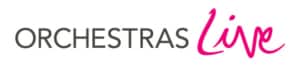 The logo features the words Orchestras Live, with ORCHESTRAS in black and Live in a bold, pink, handwritten-style font. Designed for Trustees in Leeds, the logo sits elegantly on a white background.