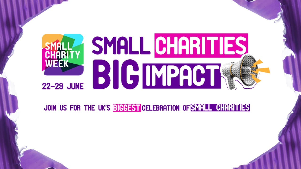 Promotional graphic for Small Charity Week, 22–29 June, with the slogan “Small Charities, Big Impact.” Includes a megaphone and an invitation to join the UK’s biggest celebration of small charities. Purple and white colour scheme.
