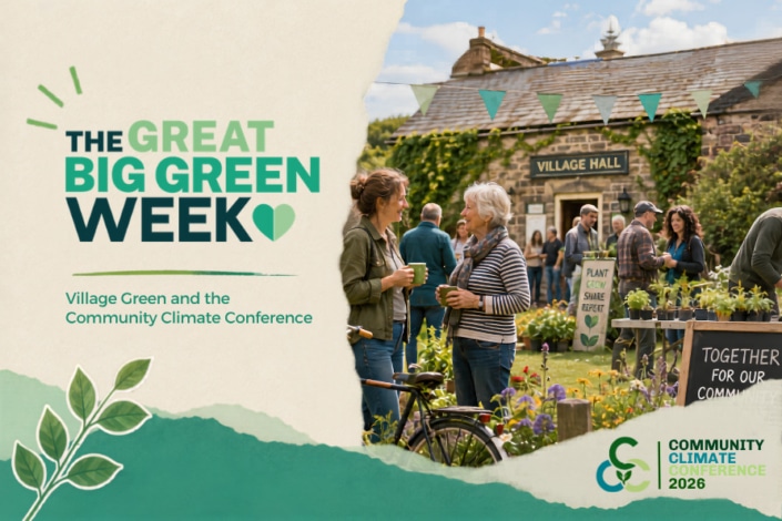 Group of people talking and gardening outside a North Yorkshire village hall at a community climate action event, with banners, plants, and a sign reading Plant, Grow, Share, Repeat. Text reads The Great Big Green Week.