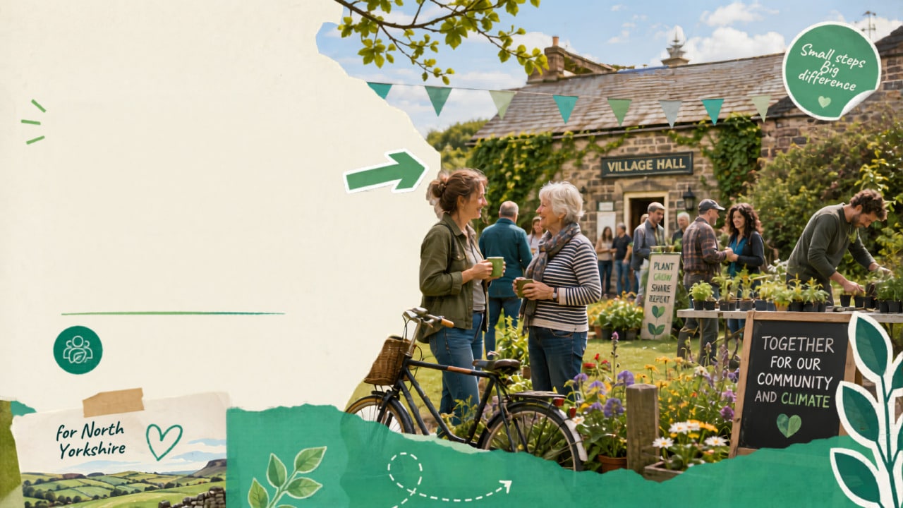 A friendly outdoor community event near a village hall; people chat by gardens, one with a bicycle. Signs promote climate action and togetherness. Bunting and greenery decorate the scene, evoking a warm, eco-friendly vibe.