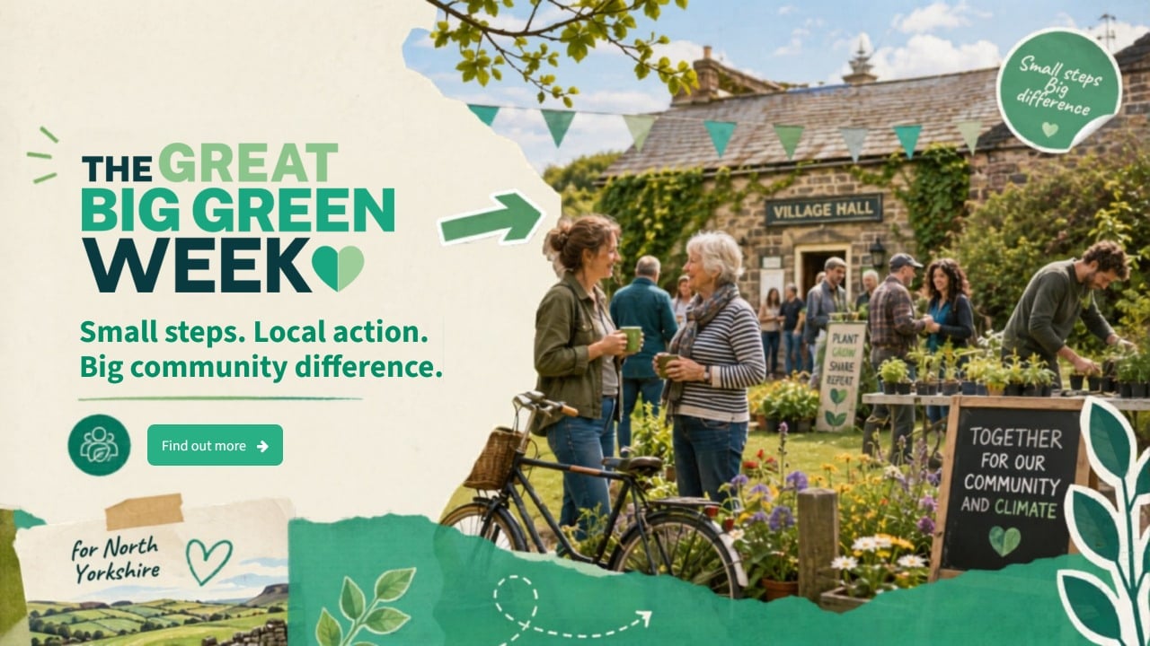 People gather outside a village hall decorated with plants and signs promoting sustainability. A woman stands with a bicycle in the foreground. Banners read The Great Big Green Week and Small steps. Local action. Big community difference.”.