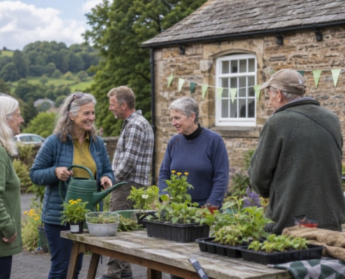 A group of older adults chat and smile around a table with potted plants outside a stone building during Great Big Green Week 2026. One woman holds a watering can, bunting is hung above, and green hills and trees are visible in the background.