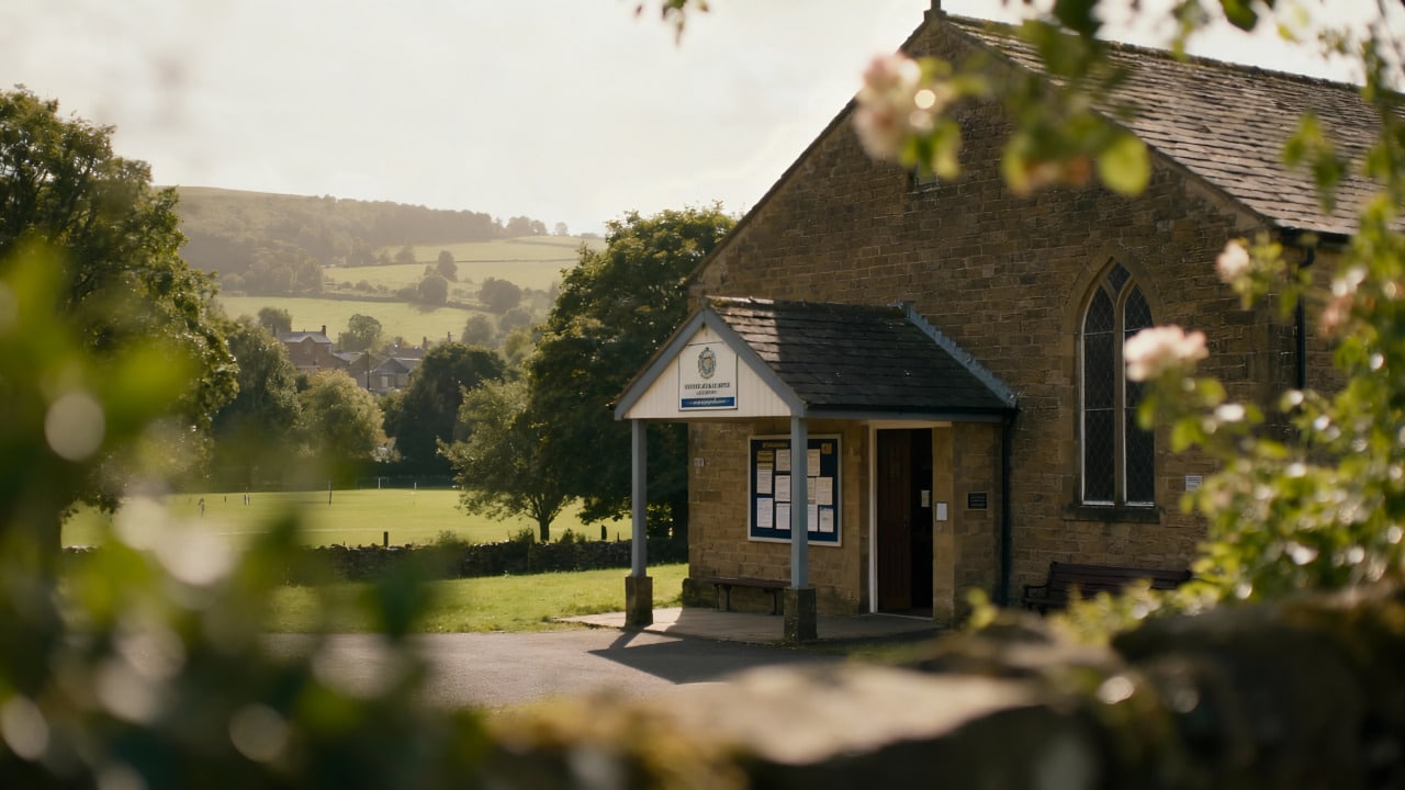 A small stone building with arched windows and a white entrance sits in a rural setting, surrounded by green trees and fields under a partly cloudy sky. Blossoming branches frame the foreground.