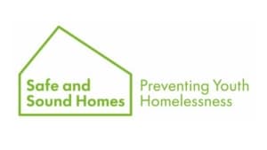 Green outline of a house with text inside reading Safe and Sound Homes. To the right, text reads Preventing Youth Homelessness in York, supported by dedicated Placement Co-ordinators, on a white background.