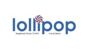 Lollipop York & District charity logo featuring a stylised red, white, and blue pinwheel replacing the dot on the letter i to support activity leaders in North Yorkshire.