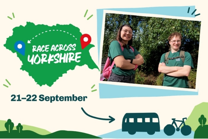 Poster for Race Across Yorkshire on 21–22 September. Shows two smiling people in green shirts, and icons for a map, a bus, and a bicycle—highlighting the event’s focus on sustainable travel—with a green Yorkshire map and event markers in the background.