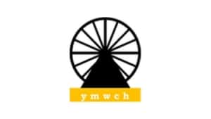 A black wheel structure with spokes sits above a black triangle, evoking the industrial heritage of Yorkshire Miners’ Welfare in Pontefract. Below, a yellow rectangle displays the lowercase letters ymwch in white. The background is white, reminiscent of emblems seen at local Convalescent Homes.