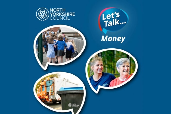 North Yorkshire Council Let’s Talk… Money campaign graphic featuring images of schoolchildren, a rubbish lorry, and two smiling women inside speech bubbles, inviting participation in the public consultation.