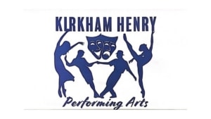 Logo for Kirkham Henry Performing Arts in Malton featuring the text above and below a silhouette of four dancers and a theatrical comedy and tragedy masque.