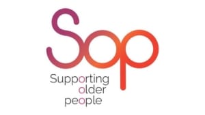 Logo for Supporting Older People, featuring the text Sop in a purple to orange gradient above the words Supporting older people, the name of this Harrogate charity.